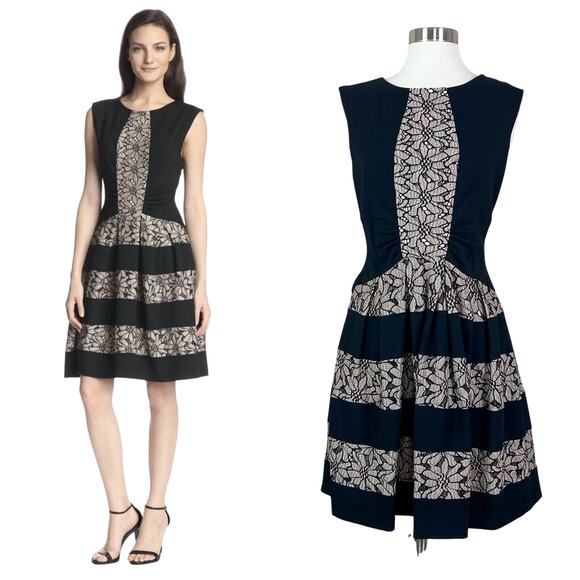 Anthropologie | Eva Franco Lace Panel Black Cream Fit Flare Floral Party Dress 6 - Picture 1 of 11